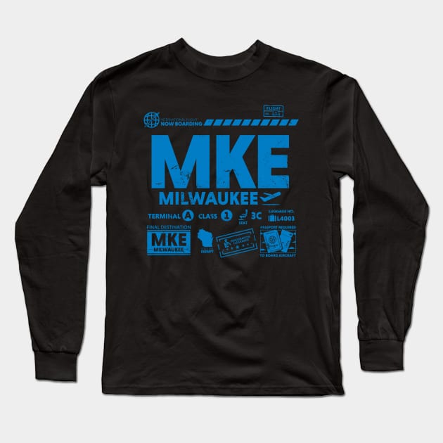 Vintage Milwaukee MKE Airport Code Travel Day Retro Travel Tag Wisconsin Long Sleeve T-Shirt by Now Boarding